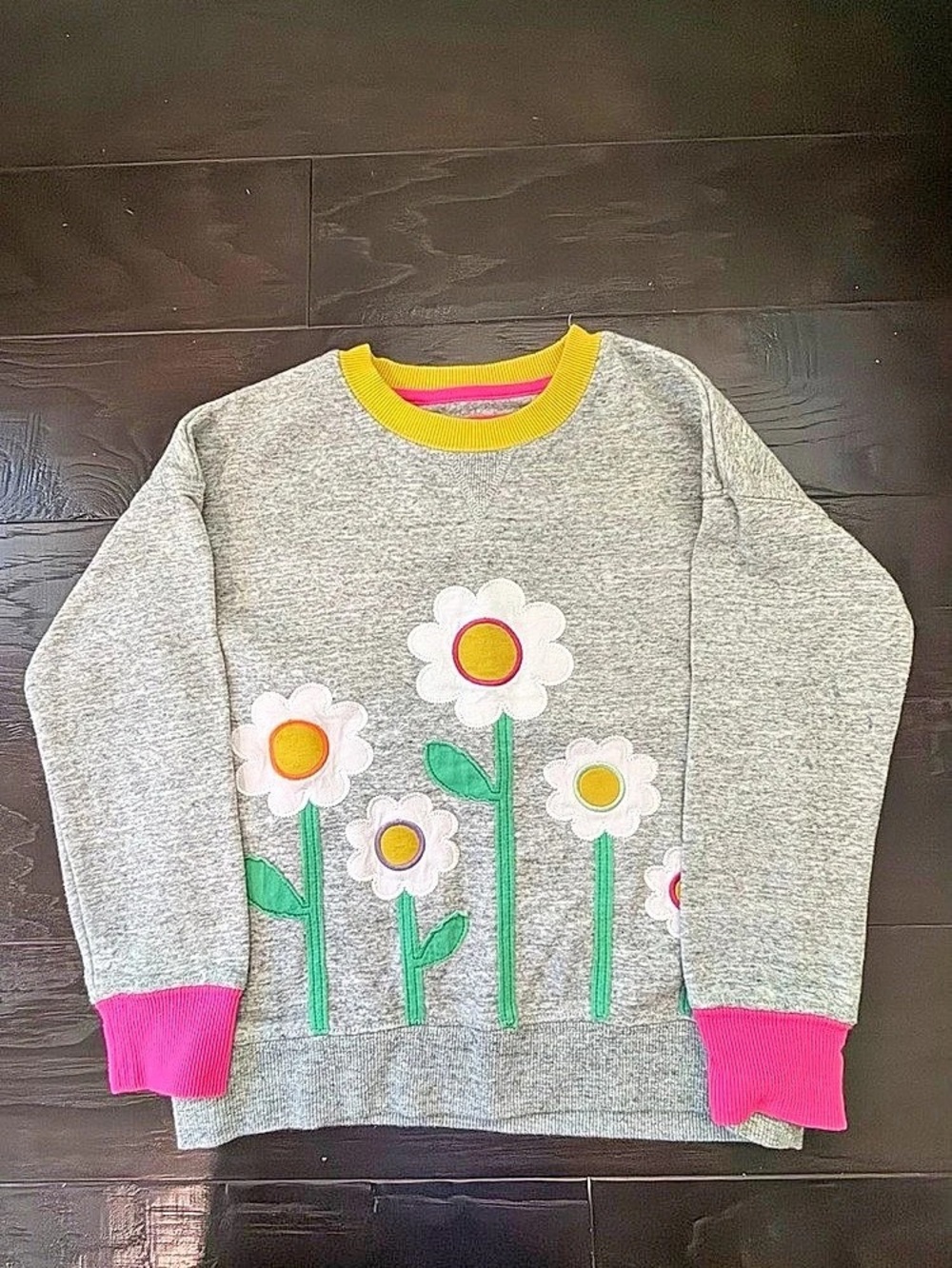 Mini Boden Applique Flower Sweatshirt Sweater Gray & Pink Size 7-8Y
